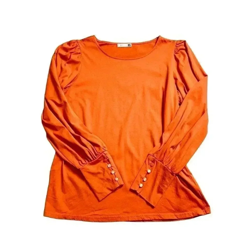 DOROSE Women's Orange Puff Sleeve Blouse with Button Cuffs Size M